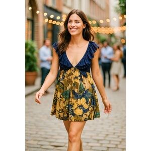 Free People Womens Velvet Mesh Floral Deep V Dress Ruffle Boho Romantic Size M